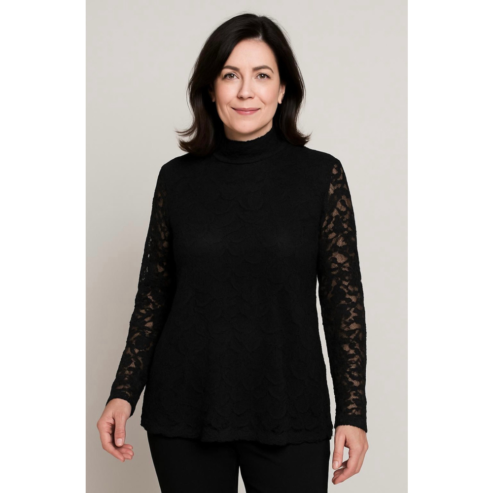 Women's Chico's Black Lace Mock Neck Long Sleeve Top Lg Witchy Whimsigoth Moody